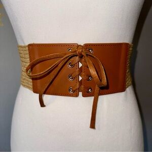 Lace-Up Belt Brown Tan Wicker Straw Stretch Snap Women's Large
